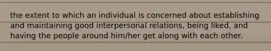 the extent to which an individual is concerned about establishing and maintaining good interpersonal relations, being liked, and having the people around him/her get along with each other.