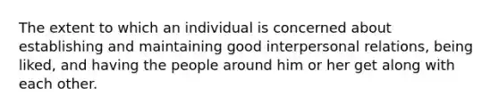 The extent to which an individual is concerned about establishing and maintaining good interpersonal relations, being liked, and having the people around him or her get along with each other.