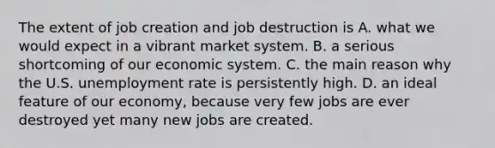 The extent of job creation and job destruction is A. what we would expect in a vibrant market system. B. a serious shortcoming of our economic system. C. the main reason why the U.S. unemployment rate is persistently high. D. an ideal feature of our​ economy, because very few jobs are ever destroyed yet many new jobs are created.