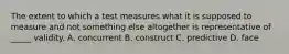 The extent to which a test measures what it is supposed to measure and not something else altogether is representative of _____ validity. A. concurrent B. construct C. predictive D. face