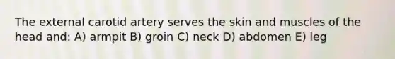 The external carotid artery serves the skin and muscles of the head and: A) armpit B) groin C) neck D) abdomen E) leg