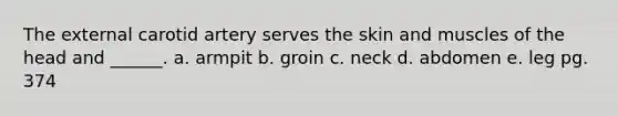 The external carotid artery serves the skin and muscles of the head and ______. a. armpit b. groin c. neck d. abdomen e. leg pg. 374