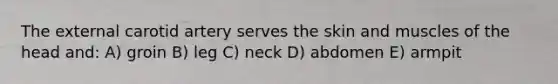 The external carotid artery serves the skin and muscles of the head and: A) groin B) leg C) neck D) abdomen E) armpit