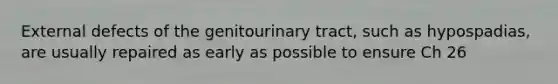 External defects of the genitourinary tract, such as hypospadias, are usually repaired as early as possible to ensure Ch 26