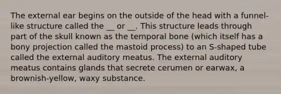 The external ear begins on the outside of the head with a funnel-like structure called the __ or __. This structure leads through part of the skull known as the temporal bone (which itself has a bony projection called the mastoid process) to an S-shaped tube called the external auditory meatus. The external auditory meatus contains glands that secrete cerumen or earwax, a brownish-yellow, waxy substance.