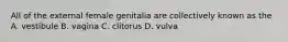 All of the external female genitalia are collectively known as the A. vestibule B. vagina C. clitorus D. vulva