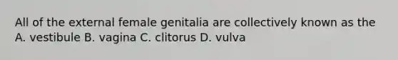 All of the external female genitalia are collectively known as the A. vestibule B. vagina C. clitorus D. vulva