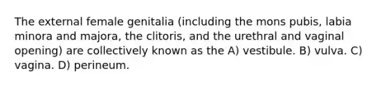 The external female genitalia (including the mons pubis, labia minora and majora, the clitoris, and the urethral and vaginal opening) are collectively known as the A) vestibule. B) vulva. C) vagina. D) perineum.