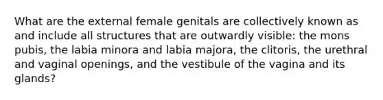 What are the external female genitals are collectively known as and include all structures that are outwardly visible: the mons pubis, the labia minora and labia majora, the clitoris, the urethral and vaginal openings, and the vestibule of the vagina and its glands?