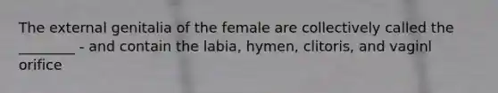 The external genitalia of the female are collectively called the ________ - and contain the labia, hymen, clitoris, and vaginl orifice