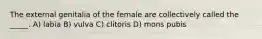 The external genitalia of the female are collectively called the _____. A) labia B) vulva C) clitoris D) mons pubis