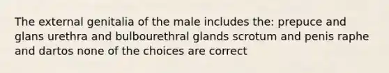 The external genitalia of the male includes the: prepuce and glans urethra and bulbourethral glands scrotum and penis raphe and dartos none of the choices are correct