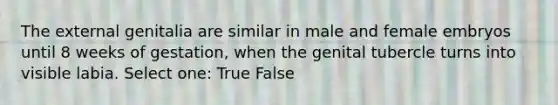 The external genitalia are similar in male and female embryos until 8 weeks of gestation, when the genital tubercle turns into visible labia. Select one: True False