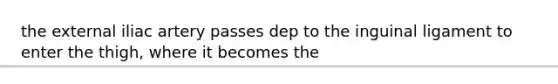 the external iliac artery passes dep to the inguinal ligament to enter the thigh, where it becomes the
