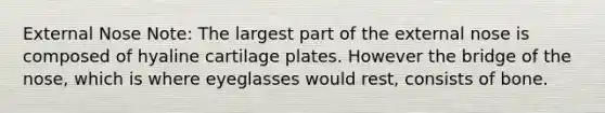 External Nose Note: The largest part of the external nose is composed of hyaline cartilage plates. However the bridge of the nose, which is where eyeglasses would rest, consists of bone.