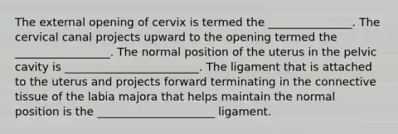 The external opening of cervix is termed the _______________. The cervical canal projects upward to the opening termed the _________________. The normal position of the uterus in the pelvic cavity is ________________________. The ligament that is attached to the uterus and projects forward terminating in the <a href='https://www.questionai.com/knowledge/kYDr0DHyc8-connective-tissue' class='anchor-knowledge'>connective tissue</a> of the labia majora that helps maintain the normal position is the _____________________ ligament.