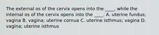 The external os of the cervix opens into the ____, while the internal os of the cervix opens into the ____. A. uterine fundus; vagina B. vagina; uterine cornua C. uterine isthmus; vagina D. vagina; uterine isthmus