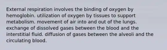 External respiration involves the binding of oxygen by hemoglobin. utilization of oxygen by tissues to support metabolism. movement of air into and out of the lungs. exchange of dissolved gases between the blood and the interstitial fluid. diffusion of gases between the alveoli and the circulating blood.