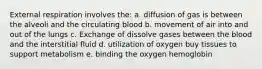 External respiration involves the: a. diffusion of gas is between the alveoli and the circulating blood b. movement of air into and out of the lungs c. Exchange of dissolve gases between the blood and the interstitial fluid d. utilization of oxygen buy tissues to support metabolism e. binding the oxygen hemoglobin