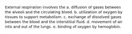 External respiration involves the a. diffusion of gases between the alveoli and the circulating blood. b. utilization of oxygen by tissues to support metabolism. c. exchange of dissolved gases between the blood and the interstitial fluid. d. movement of air into and out of the lungs. e. binding of oxygen by hemoglobin.