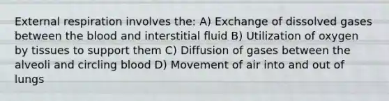 External respiration involves the: A) Exchange of dissolved gases between the blood and interstitial fluid B) Utilization of oxygen by tissues to support them C) Diffusion of gases between the alveoli and circling blood D) Movement of air into and out of lungs