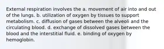 External respiration involves the a. movement of air into and out of the lungs. b. utilization of oxygen by tissues to support metabolism. c. diffusion of gases between the alveoli and the circulating blood. d. exchange of dissolved gases between the blood and the interstitial fluid. e. binding of oxygen by hemoglobin.