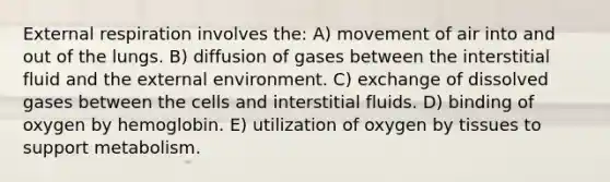 External respiration involves the: A) movement of air into and out of the lungs. B) diffusion of gases between the interstitial fluid and the external environment. C) exchange of dissolved gases between the cells and interstitial fluids. D) binding of oxygen by hemoglobin. E) utilization of oxygen by tissues to support metabolism.