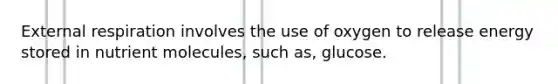 External respiration involves the use of oxygen to release energy stored in nutrient molecules, such as, glucose.