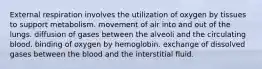 External respiration involves the utilization of oxygen by tissues to support metabolism. movement of air into and out of the lungs. diffusion of gases between the alveoli and the circulating blood. binding of oxygen by hemoglobin. exchange of dissolved gases between the blood and the interstitial fluid.