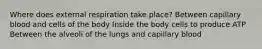 Where does external respiration take place? Between capillary blood and cells of the body Inside the body cells to produce ATP Between the alveoli of the lungs and capillary blood