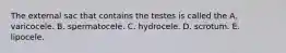 The external sac that contains the testes is called the A. varicocele. B. spermatocele. C. hydrocele. D. scrotum. E. lipocele.