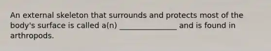 An external skeleton that surrounds and protects most of the body's surface is called a(n) _______________ and is found in arthropods.