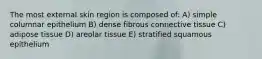 The most external skin region is composed of: A) simple columnar epithelium B) dense fibrous connective tissue C) adipose tissue D) areolar tissue E) stratified squamous epithelium