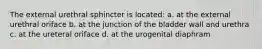 The external urethral sphincter is located: a. at the external urethral oriface b. at the junction of the bladder wall and urethra c. at the ureteral oriface d. at the urogenital diaphram