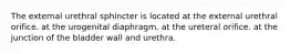 The external urethral sphincter is located at the external urethral orifice. at the urogenital diaphragm. at the ureteral orifice. at the junction of the bladder wall and urethra.