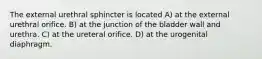 The external urethral sphincter is located A) at the external urethral orifice. B) at the junction of the bladder wall and urethra. C) at the ureteral orifice. D) at the urogenital diaphragm.