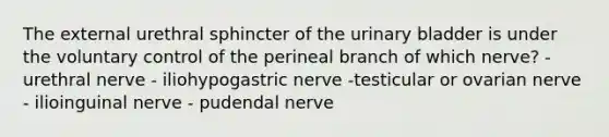 The external urethral sphincter of the urinary bladder is under the voluntary control of the perineal branch of which nerve? - urethral nerve - iliohypogastric nerve -testicular or ovarian nerve - ilioinguinal nerve - pudendal nerve