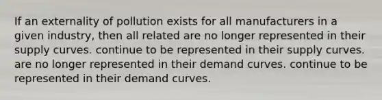 If an externality of pollution exists for all manufacturers in a given industry, then all related are no longer represented in their supply curves. continue to be represented in their supply curves. are no longer represented in their demand curves. continue to be represented in their demand curves.