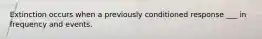 Extinction occurs when a previously conditioned response ___ in frequency and events.