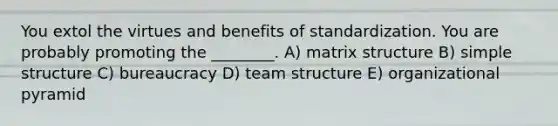 You extol the virtues and benefits of standardization. You are probably promoting the ________. A) matrix structure B) simple structure C) bureaucracy D) team structure E) organizational pyramid