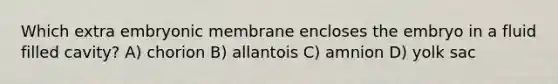 Which extra embryonic membrane encloses the embryo in a fluid filled cavity? A) chorion B) allantois C) amnion D) yolk sac