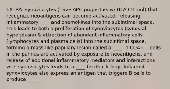 EXTRA: synoviocytes (have APC properties w/ HLA CII mol) that recognize neoantigens can become activated, releasing inflammatory ____ and chemokines into the subintimal space. This leads to both a proliferation of synoviocytes (synovial hyperplasia) & attraction of abundant inflammatory cells (lymphocytes and plasma cells) into the subintimal space, forming a mass-like papillary lesion called a ____. o CD4+ T cells in the pannus are activated by exposure to neoantigens, and release of additional inflammatory mediators and interactions with synoviocytes leads to a ____ feedback loop. Inflamed synoviocytes also express an antigen that triggers B cells to produce ____