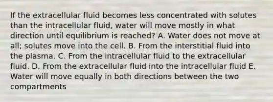 If the extracellular fluid becomes less concentrated with solutes than the intracellular fluid, water will move mostly in what direction until equilibrium is reached? A. Water does not move at all; solutes move into the cell. B. From the interstitial fluid into the plasma. C. From the intracellular fluid to the extracellular fluid. D. From the extracellular fluid into the intracellular fluid E. Water will move equally in both directions between the two compartments