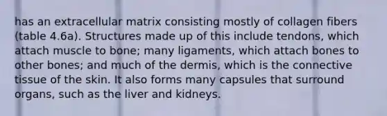 has an extracellular matrix consisting mostly of collagen fibers (table 4.6a). Structures made up of this include tendons, which attach muscle to bone; many ligaments, which attach bones to other bones; and much of the dermis, which is the connective tissue of the skin. It also forms many capsules that surround organs, such as the liver and kidneys.