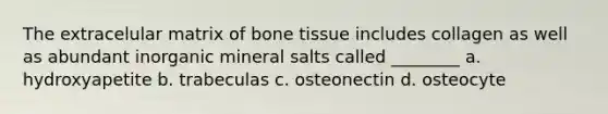 The extracelular matrix of bone tissue includes collagen as well as abundant inorganic mineral salts called ________ a. hydroxyapetite b. trabeculas c. osteonectin d. osteocyte