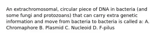 An extrachromosomal, circular piece of DNA in bacteria (and some fungi and protozoans) that can carry extra genetic information and move from bacteria to bacteria is called a: A. Chromaphore B. Plasmid C. Nucleoid D. F-pilus