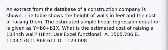 An extract from the database of a construction company is shown. The table shows the height of walls in feet and the cost of raising them. The estimated <a href='https://www.questionai.com/knowledge/kuO8H0fiMa-simple-linear-regression' class='anchor-knowledge'>simple linear regression</a> equation is given as Y=b0+b1X. What is the estimated cost of raising a​ 10-inch wall? (Hint: Use Excel​ functions). A. 1505.786 B. 1103.578 C. 968.611 D. 1123.008