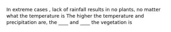 In extreme cases , lack of rainfall results in no plants, no matter what the temperature is The higher the temperature and precipitation are, the ____ and ____ the vegetation is