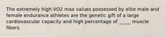 The extremely high VO2 max values possessed by elite male and female endurance athletes are the genetic gift of a large cardiovascular capacity and high percentage of _____ muscle fibers