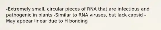 -Extremely small, circular pieces of RNA that are infectious and pathogenic in plants -Similar to RNA viruses, but lack capsid -May appear linear due to H bonding